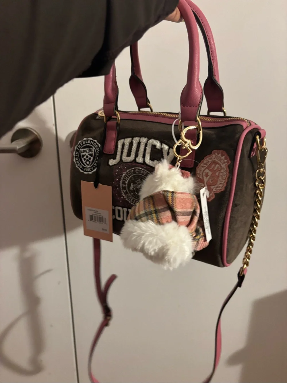 Juicy Couture varsity satchel color is chocolate Accent Logo Satchel